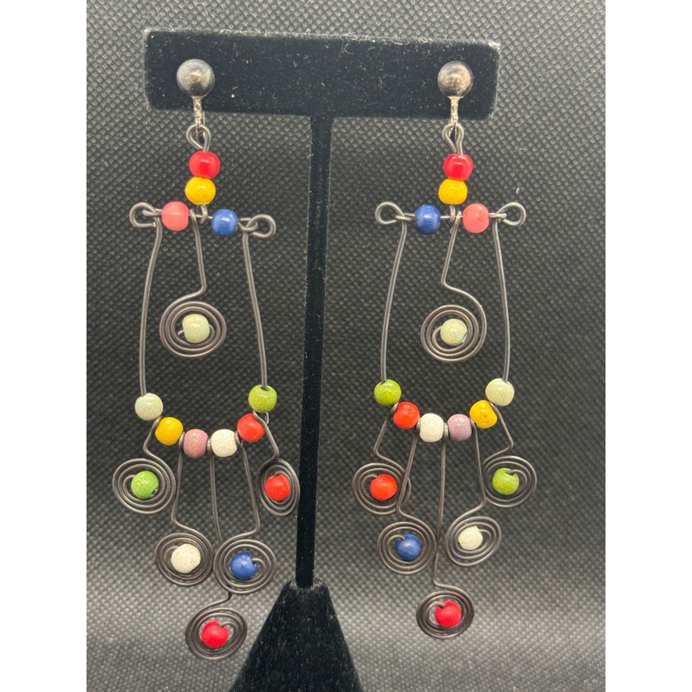 Sterling T2 Artisan Wire Wrapped Beaded Dangle Earrings Screw Back Multi Color